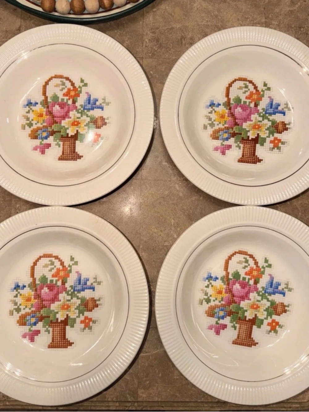 White Floral Basket Ceramic Dinner Bowls - Set of 4 - Salem China